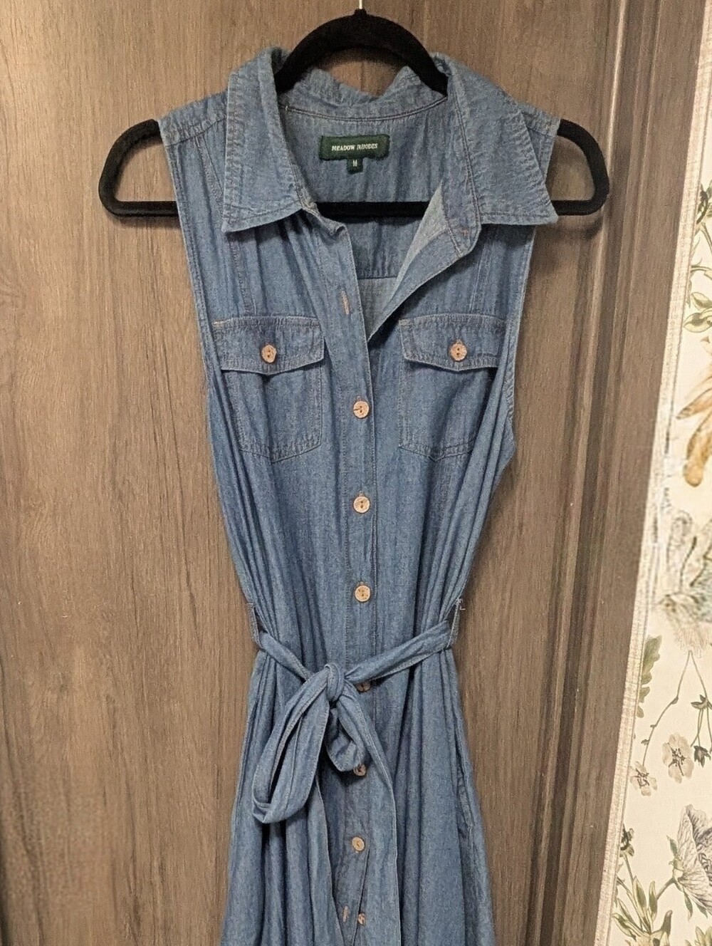Sleeveless Denim Shirt Dress Medium Button Down Long Collared Jean Pockets
